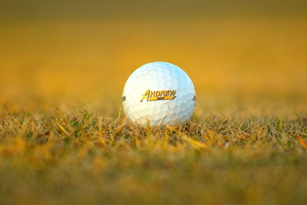 Image of golf ball on course with Andrew College logo.