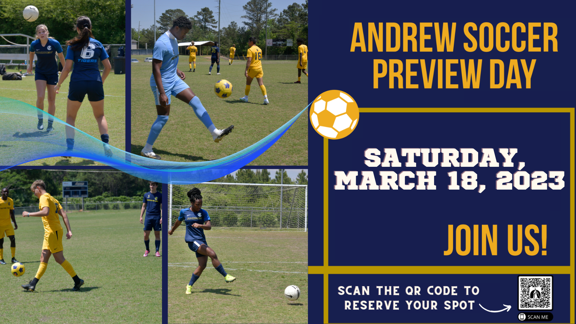 Graphic announcing Andrew College Men's And Women's Soccer Preview Day and schedule for March 18.  To register, email kylegriffith@andrewcollege.edu or adamredhead@andrewcollege.edu.