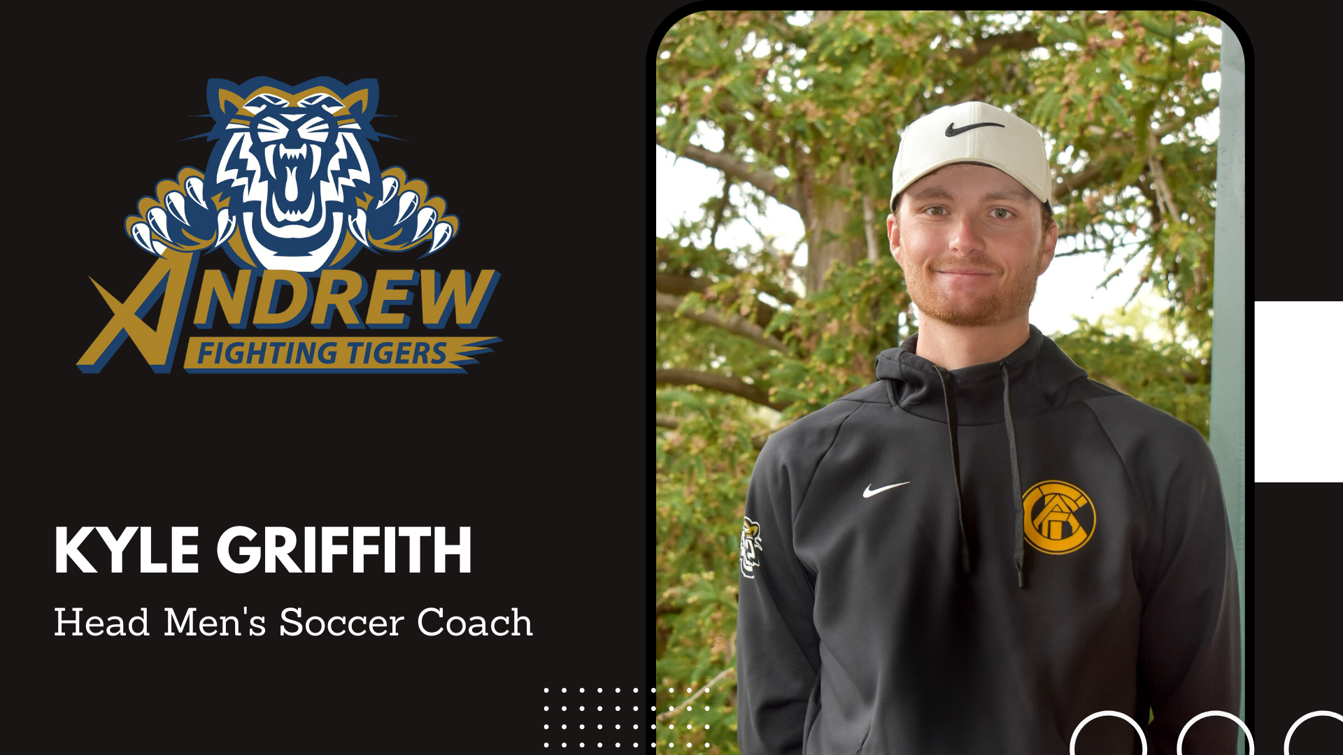 Graphic with Andrew College Tiger logo with photo and title of Kyle Griffith, Head Men's Soccer Coach